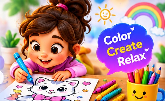 A happy child coloring a cat picture